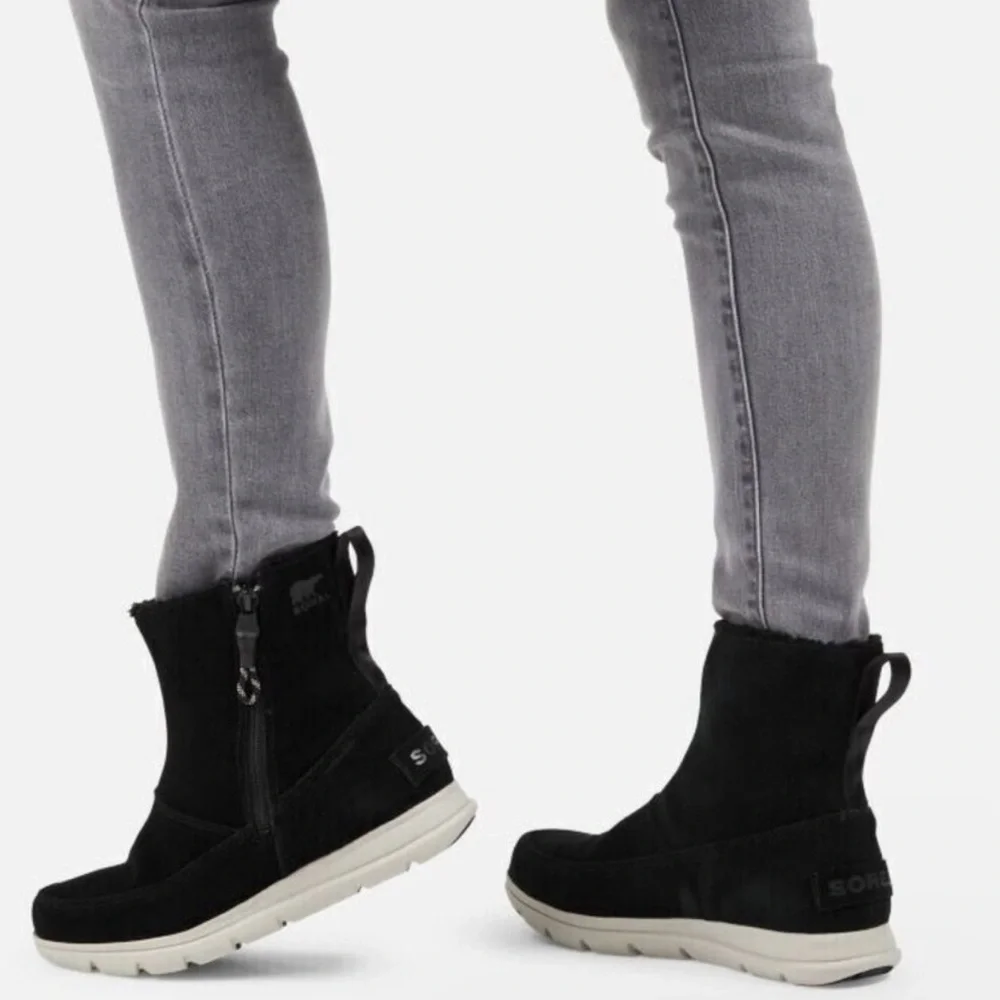 Sorel Explorer Side Zip Suede Black Boots Waterproof Faux Fur Lined Size 7 Women